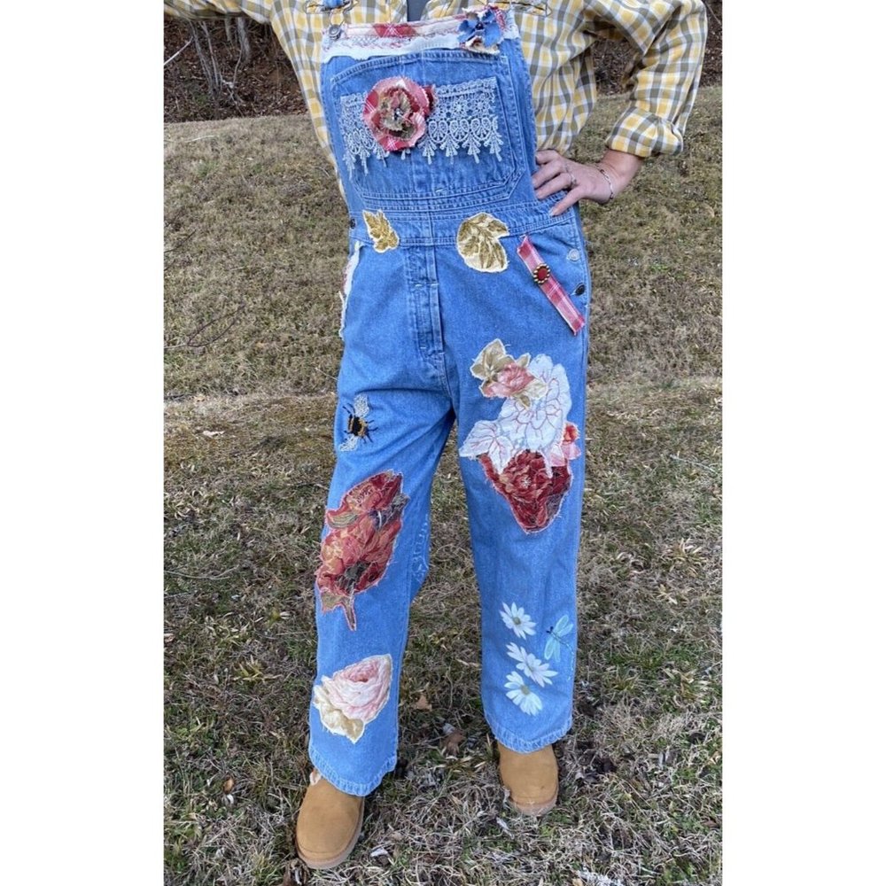 OOAK UPCYCLED OVERALLS HAND PAINTED EMBROIDER FLORAL APPLIQUE/BEADED BOHO HIP L